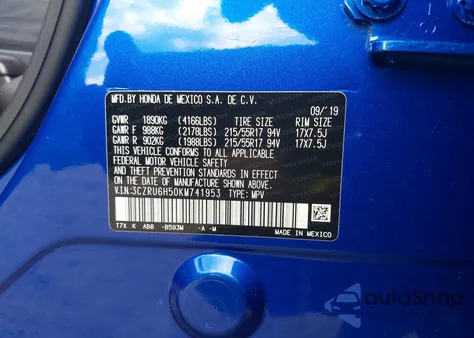 2019 Honda Hr-V Ex from USA, damaged, VIN 3CZRU6H50KM741953